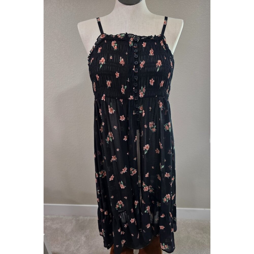 Torrid Womens Black Floral Tunic With Smocked Bodice & Adjustable Spaghetti Stra